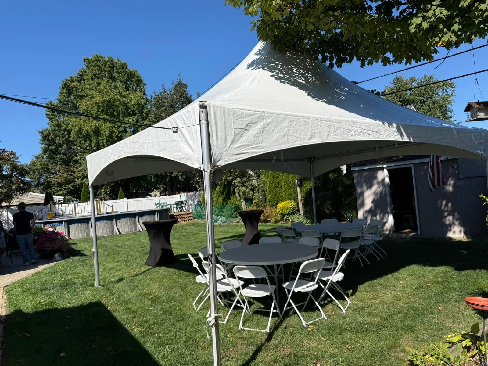 15 by 20 high-peak tent: 15×20 with two high-top tables