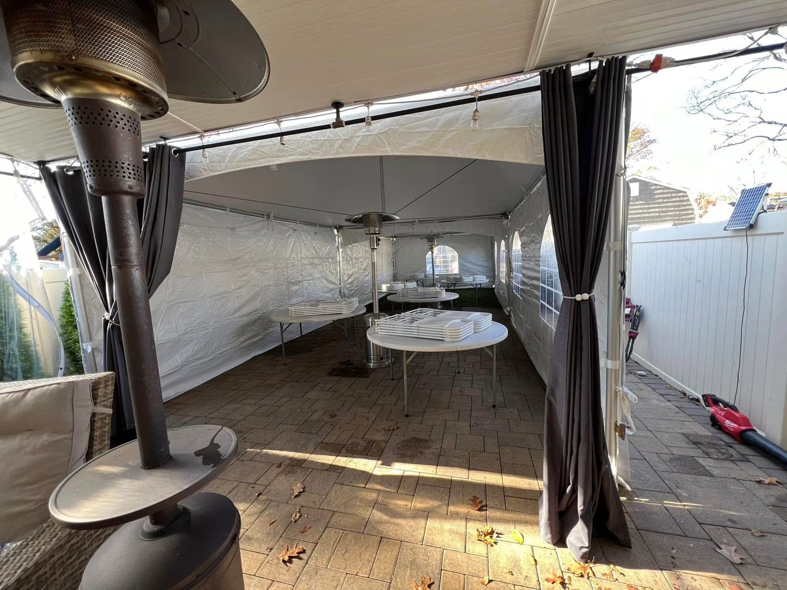 15 by 40 high-peak tent: Heater, rounds, sides