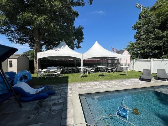 20 by 20 high-peak tent: Over the pool deck