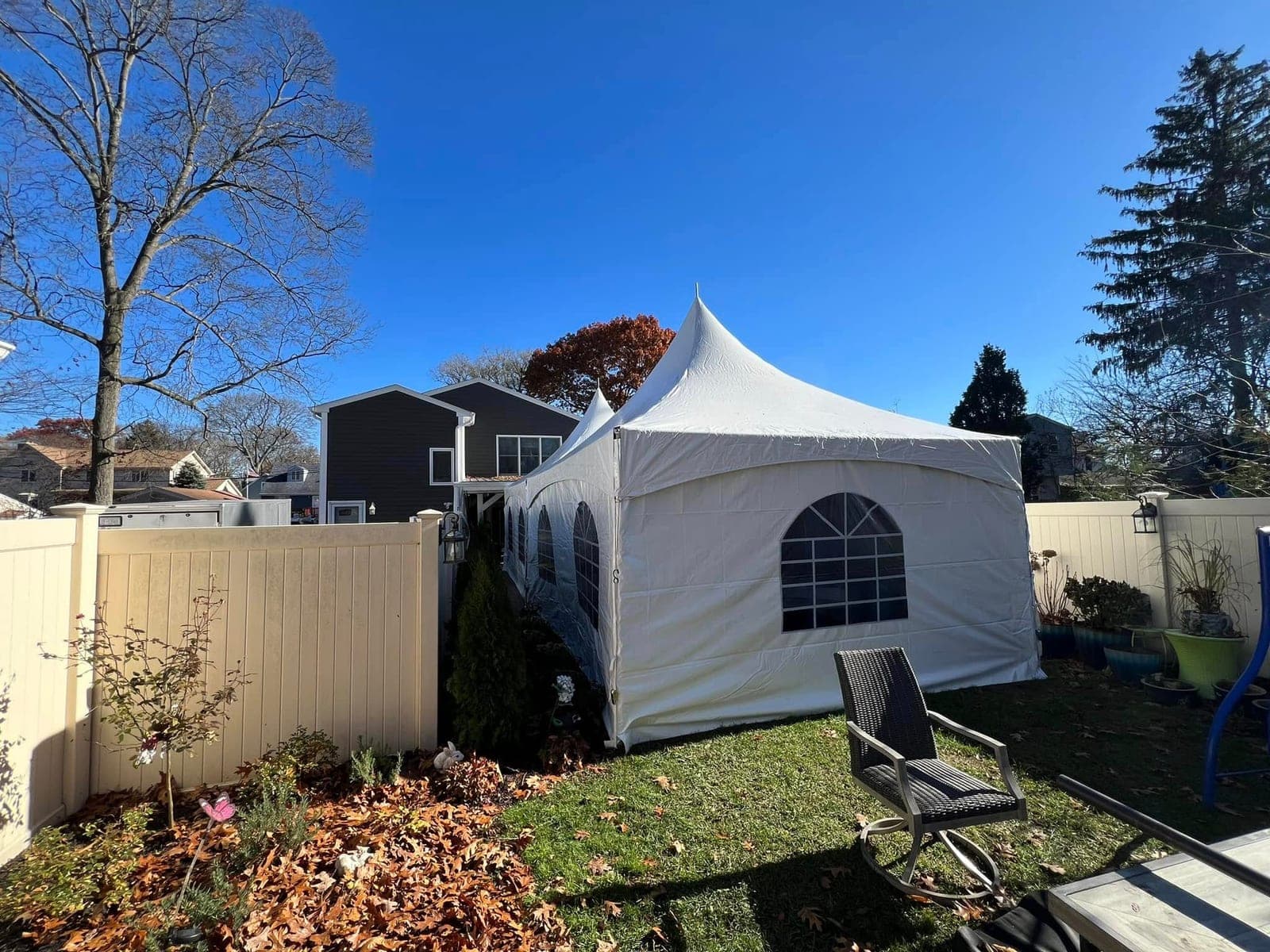 20 by 20 high-peak tent: Fall afternoon, sides with windows