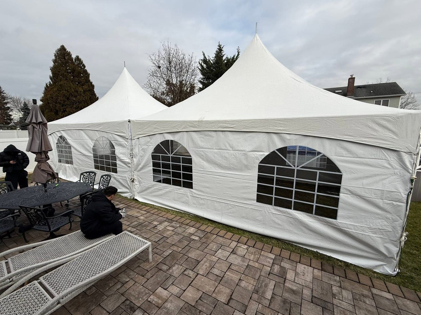 20 by 20 high-peak tent: Sides with windows, patio