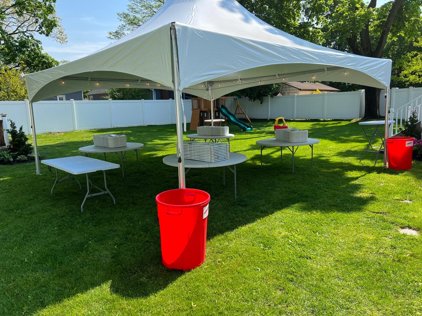 20 by 20 high-peak tent: 20×20 for the food tables