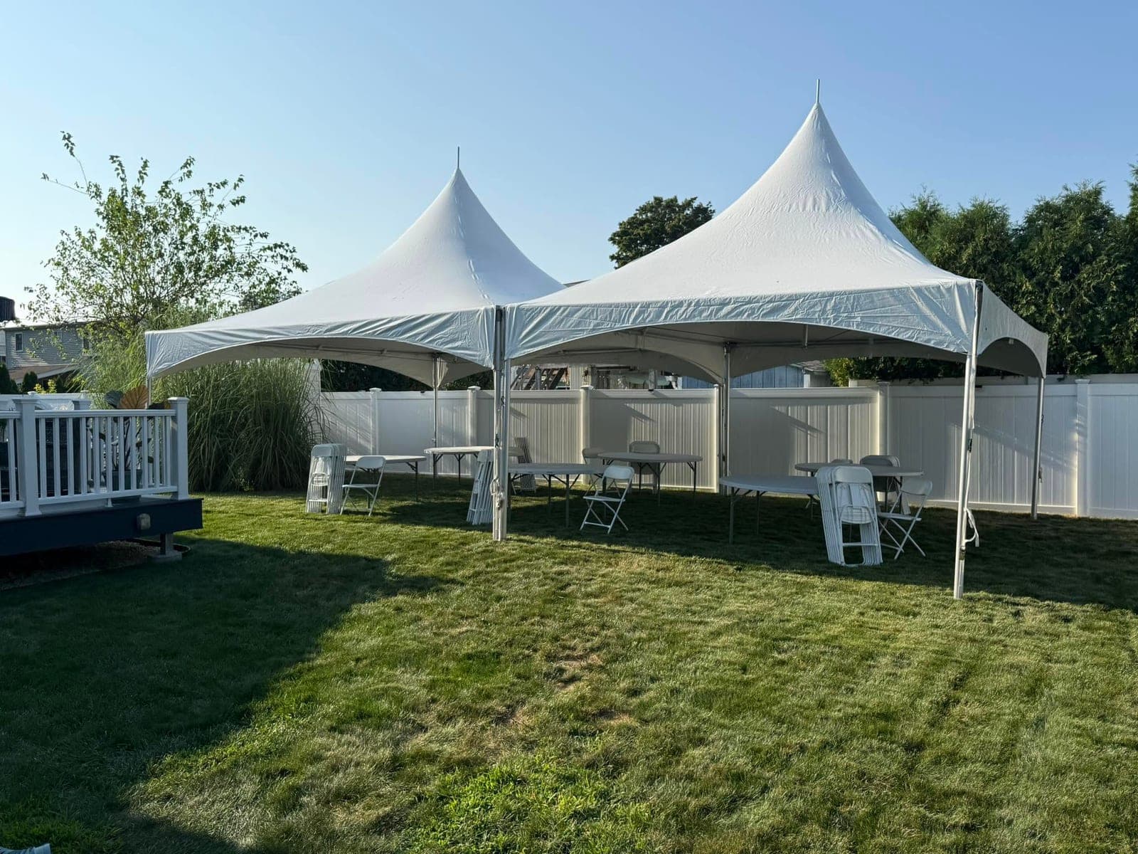 20 by 35 high-peak tent (two peaks): 20×35 high peak with tables and chairs