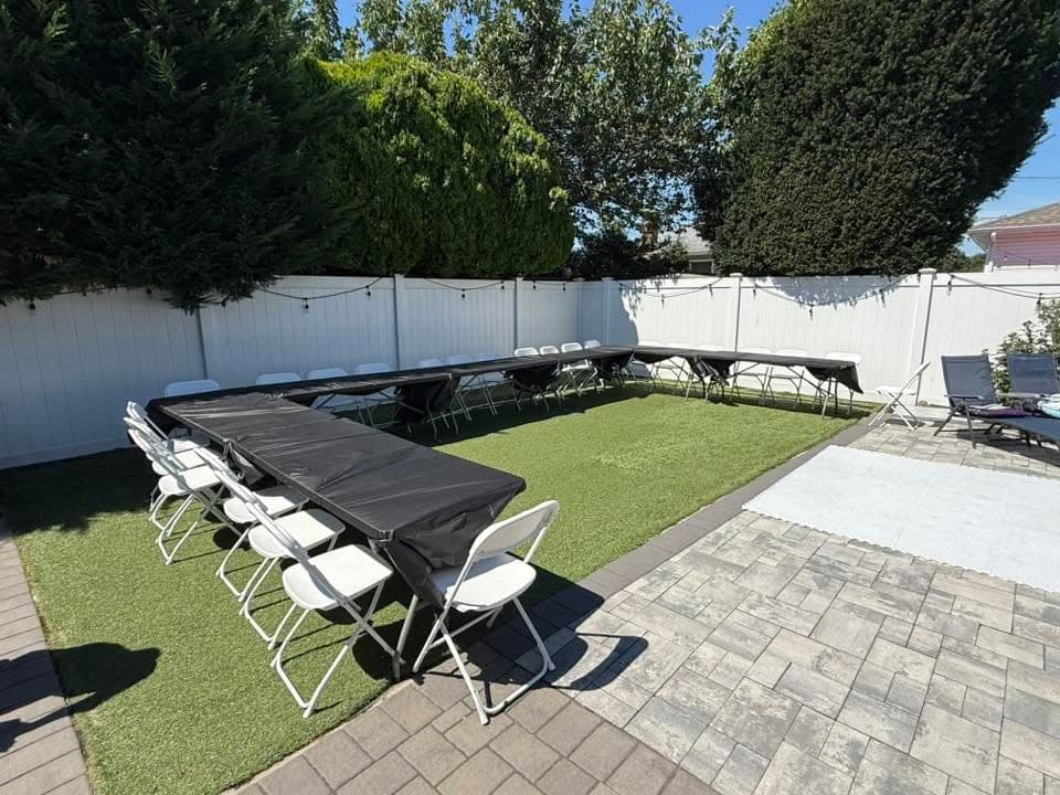 20 by 35 high-peak tent (two peaks): Long tables on turf