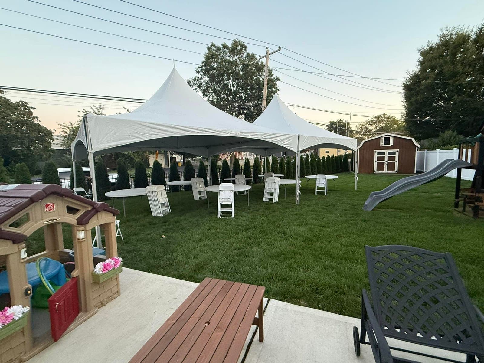 20 by 35 high-peak tent (two peaks): Two peaks, rounds set, dusk